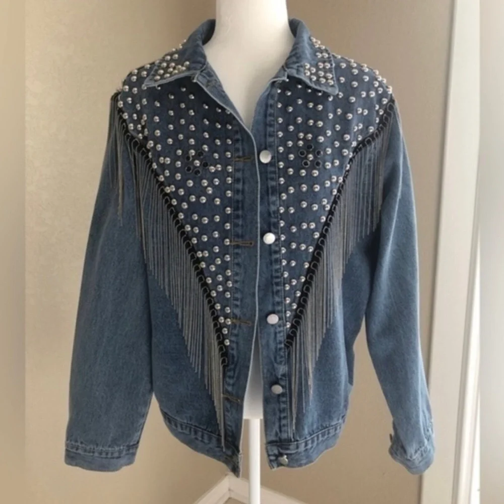 Blue Studded Fringe Statement Denim Jacket Size XL